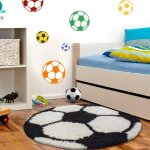 Tapis pile longue enfant football basketball - carpettex - 100 cm rond - synth�tique - noir - blanc