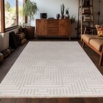 Tapis de salon � motifs g�om�triques en relief style boh�me scandinave doux beige (dimension: 120x170 ...