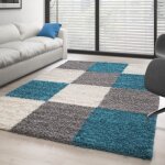 Tapis shaggy - ayyildiz - design � carreaux - turquoise - blanc - gris - 160x230 cm - 30 mm pile