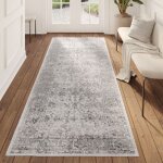 Tapiso tapis de couloir passage valley vintage oriental gris clair poils courts effet vieilli motif floral ...