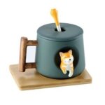 Tasse  caf originale design shiba inu en mtal inoxydable avec couvercle cuillre et dessous de verre ...