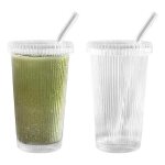 Tasse à café - verre - 7. 8 * 14cm - avec paille et couvercle - transparent - Écologique Tasse à café - verre - 7. 8 * 14cm - avec paille et couvercle - transparent - Écologique