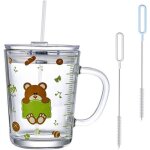 Tasse à lait enfant - ours - 400 ml - verre - paille silicone - couvercle inclus Tasse à lait enfant - ours - 400 ml - verre - paille silicone - couvercle inclus