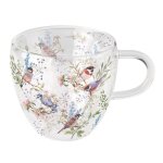 Tasse � th� en verre double paroi oiseaux et branches fleuries