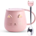 Tasse - zgeer - tasse chat en cramique - 400ml - couvercle et cuillre en acier - rose