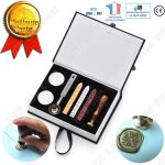 Td boite de sceau 6 cachet de cire medieval tampon coffret set ensemble encreur cirage kit vintage invitation ...