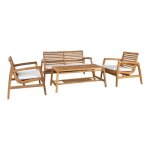 Tecker - salon de jardin complet table basse en teck massif et coussins blancs