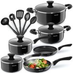 Batterie de cuisine - tectake - batterie de cuisine varese aluminium avec couvercles en verre 15 pices ...