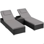 Tectake - chaise longue double en rotin table - carbonera dossier r�glable table dappoint - noir - 62x196x36 ...