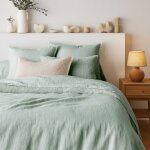 Tendance perso - parure de couette 100% pur lin couleur vert de gris - housse de couette 240x220 cm et ...