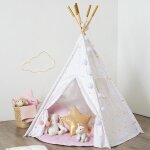 Tente de jeu tipi valence blanc - eazy living - motif étoilé - pompons - porte et fenêtre Tente de jeu tipi valence blanc - eazy living - motif étoilé - pompons - porte et fenêtre