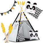 Tente tipi pour enfant avec guirlande et lumires nukido noir et blanc avec un panda