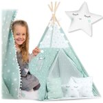 Tente tipi - menthe avec �toiles - coton naturel - inclus : 3 oreillers et lumi�res