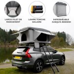 Tente de toit - camping - grise - 2 - 3 personnes - ouverture rapide - matelas ponge 5, 5 cm