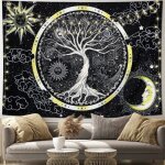 Tenture murale - lune et soleil - arbre de vie - noir et blanc - polyester - 148x200cm