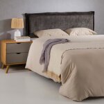 Tête de lit ovio 160 rembourrée en tissu polyester pour lit 160 cm sur pieds en bois gris Tête de lit ovio 160 rembourrée en tissu polyester pour lit 160 cm sur pieds en bois gris