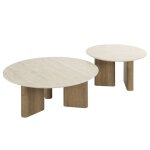 Tiana rond - lot de 2 tables basses rondes en c�ramique beige pieds couleur ch�ne
