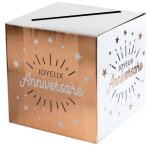 Tirelire urne joyeux anniversaire blanc et rose gold mtallique (x1) ref / 6652
