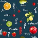 Nappe toile cir�e au m�tre - largeur 140 cm - fruits sur fond bleu - bleu