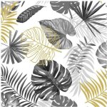 Nappe toile cire au mtre - largeur 140 cm - motifs feuillages gris blanc et or mtallis - blanc