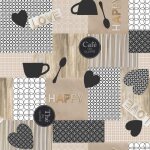 Nappe toile cirée au mètre - largeur 140 cm - motifs graphiques et tasses à café - multicolore Nappe toile cirée au mètre - largeur 140 cm - motifs graphiques et tasses à café - multicolore