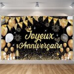 Toile de fond joyeux anniversaire en or noir 180x110 cm - banni�re d�co pour adultes