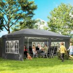 Tonnelle de jardin pliante 3x6 m avec 4 parois amovibles en acier polyester gris r�sistant aux intemp�ries ...