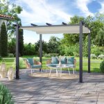Tonnelle / pergola aluminium 3x3m toile coulissante r�tractable - gris ecru - hero