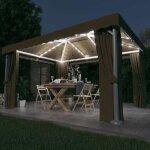 Tonnelle avec rideau et guirlande lumineuse - vidaxl - 4x3 m - taupe - blanc chaud - �nergie solaire ...