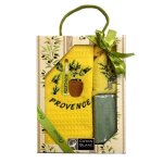 Torchon - [marque] - jaune brod� huile dolive - coton nid dabeille - savon - sachet de lavande