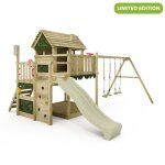 Tour de jeux bois fatmoose mightymansion move xxl avec maison sur pilotis toboggan 220 cm vert sage et ...