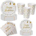 Trahoo - kit vaisselle jetable anniversaire 50 pi�ces blanc or - 10 assiettes plates 10 assiettes dessert ...