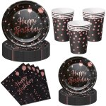 Trahoo - kit vaisselle jetable anniversaire 50 pi�ces noir et rose gold - 10 assiettes plates 10 assiettes ...