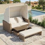 Transat jardin ext�rieur double 2 places avec toit en r�sine tress�e bain de soleil aluminium avec coussin ...