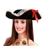 Tricorne femme pirate - noir et or - liser or et dentelle blanche - accessoire extrieur