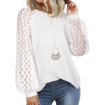Tuopuda blouse femme blanche l ? maille gaufr�e manches bouffantes en dentelle col rond coupe loose