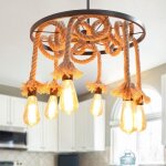 Uni lustre � roue industrielle e27 lampe de plafond 6 lumi�res en corde de chanvre