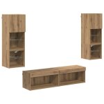 Unit� murale tv en bois ding�nierie - vidaxl - ch�ne artisanal - 305 x 30 x 60 cm - bandes led - 12 �tag�res ...
