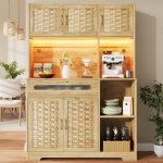 Urban meuble buffet haut vaisselier de cuisine effet bois avec rotin tress� �clairage led