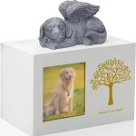 Urne fun�raire en forme de chien : urne en bois blanc accompagn�e dune figurine dange chien en r�sine ...