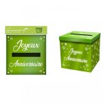 Urne - joyeux anniversaire - vert m�tallis� - 20x20x20cm - carton - a monter - cagnotte