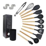Ustensiles de cuisine en silicone 11 ensembles avec poignes en bois gris