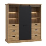 Vaisselier 1 porte 6 tiroirs décor chêne et noir éclairage led - farm Vaisselier 1 porte 6 tiroirs décor chêne et noir éclairage led - farm