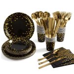 Vaisselle jetable anniversaire - zgeer - noir or - 175 pcs - mat�riau de qualit� alimentaire