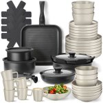 Vaisselle ? tectake ? ensemble de vaisselle en gr�s �maill� 47 pi�ces avec casseroles po�les et couvercles ...