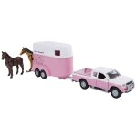 Jouet voiture cheval - kids globe - mitsubishi l 200 - rose / blanc - remorque � chevaux - 27 cm