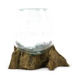 Vase en verre souffl� - unique - 14cm - racine de teck - design contemporain - marron