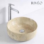 Vasque � poser ronde en c�ramique effet marbre beige 36 cm avec bonde clic - clac chrom�e incluse