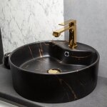 Vasque à poser ronde en céramique tanza noir mat marbré doré Ø46 cm Vasque à poser ronde en céramique tanza noir mat marbré doré Ø46 cm