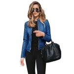 Veste femme en cuir pu l�g�re slim fit zipp�e col montant veste d�contract� pour printemps automne - ...